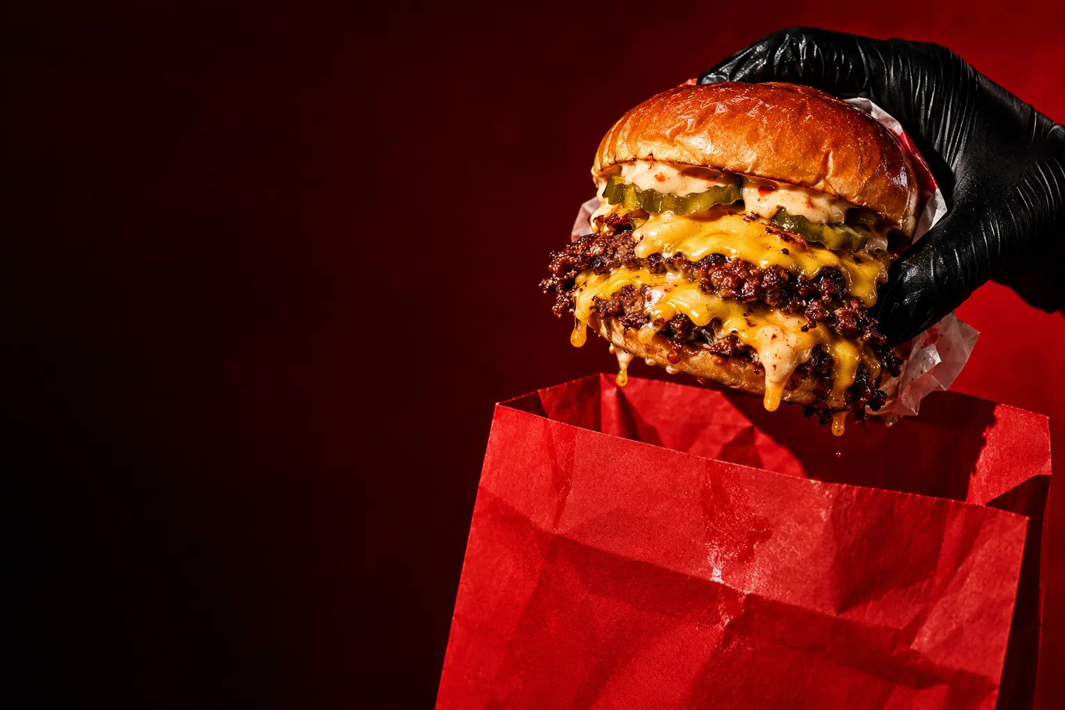 Smash burger entrando en una bolsa roja para llevar